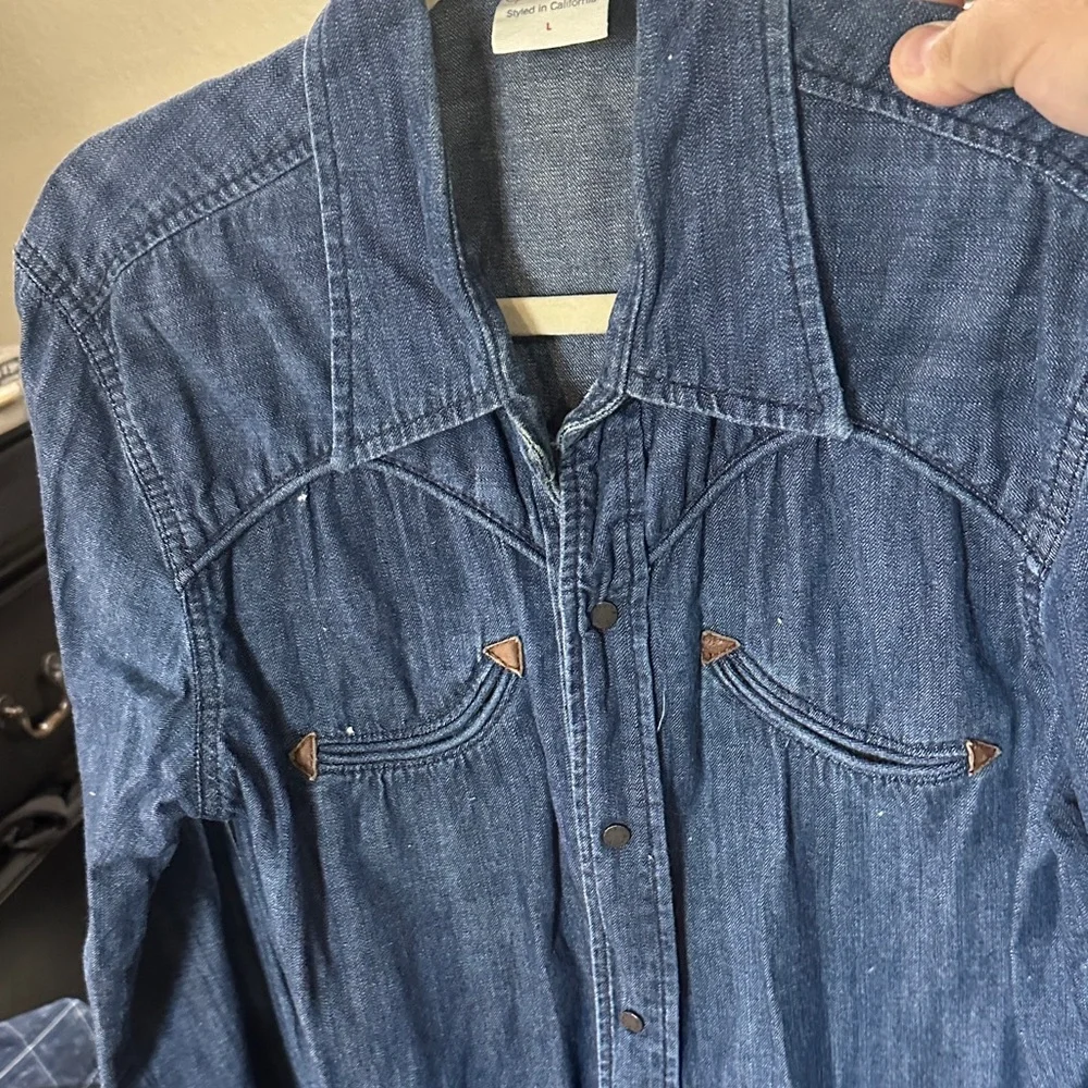 True Religion Men's Denim Western Shirt Jacket - Indigo Blue with Brown Accents